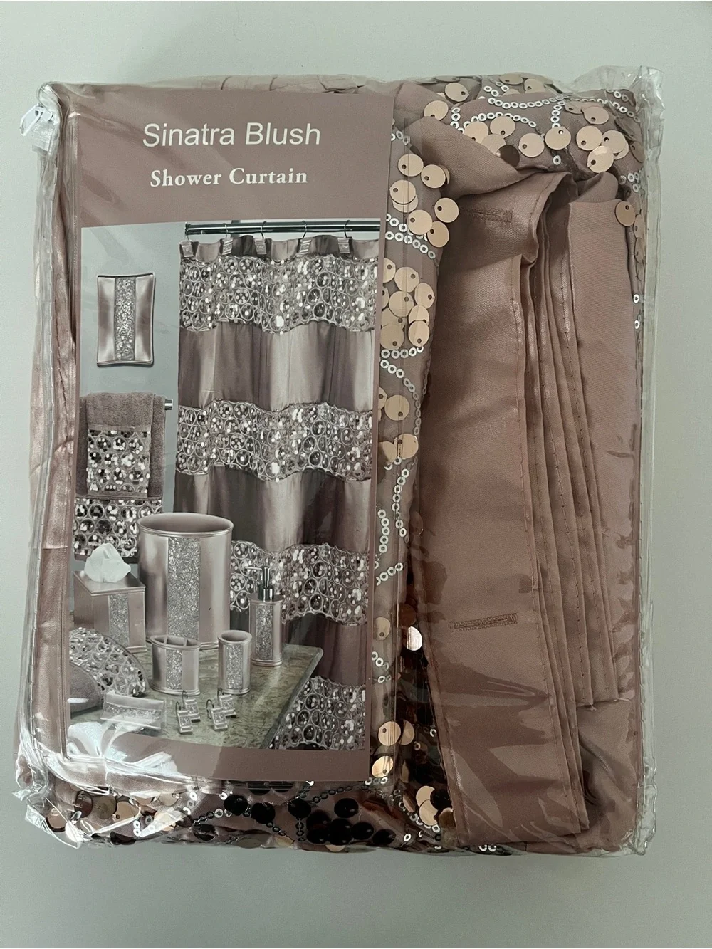 Decorative Rose Gold Shower Curtain with Sequin Trim mermaid vibes